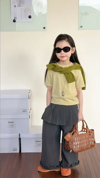 Design Short Sleeve T-Shirt in Sage Green with Tiered Lace Skirt Set - 39