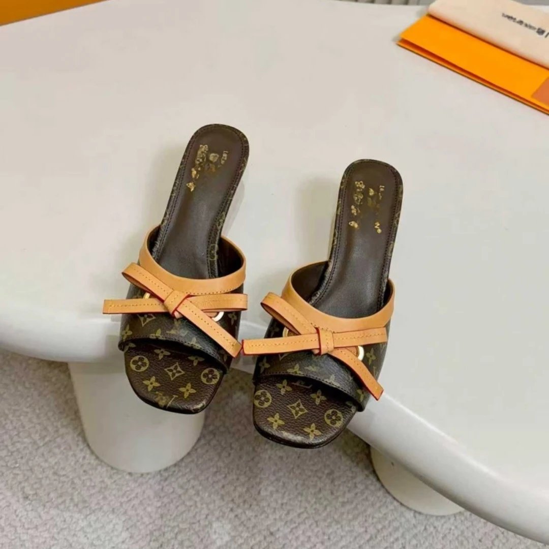Louis Vuitton Monogram Bow Mule Brown Beige Sandals