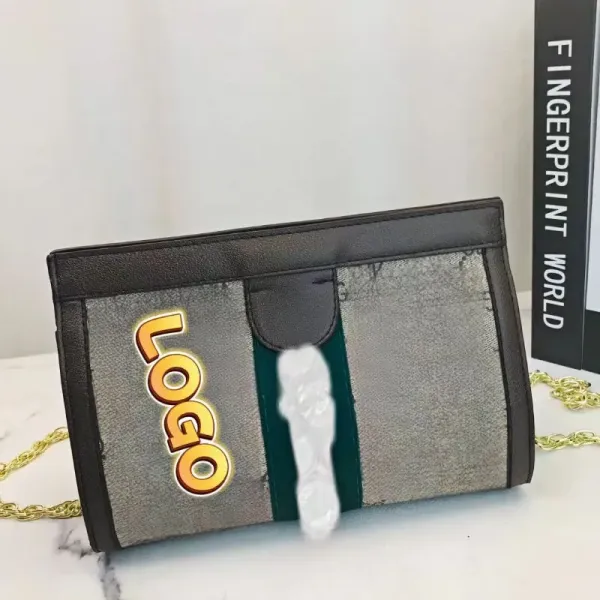 Design Logo Print Chain Crossbody Bag Gray Green Black - 3