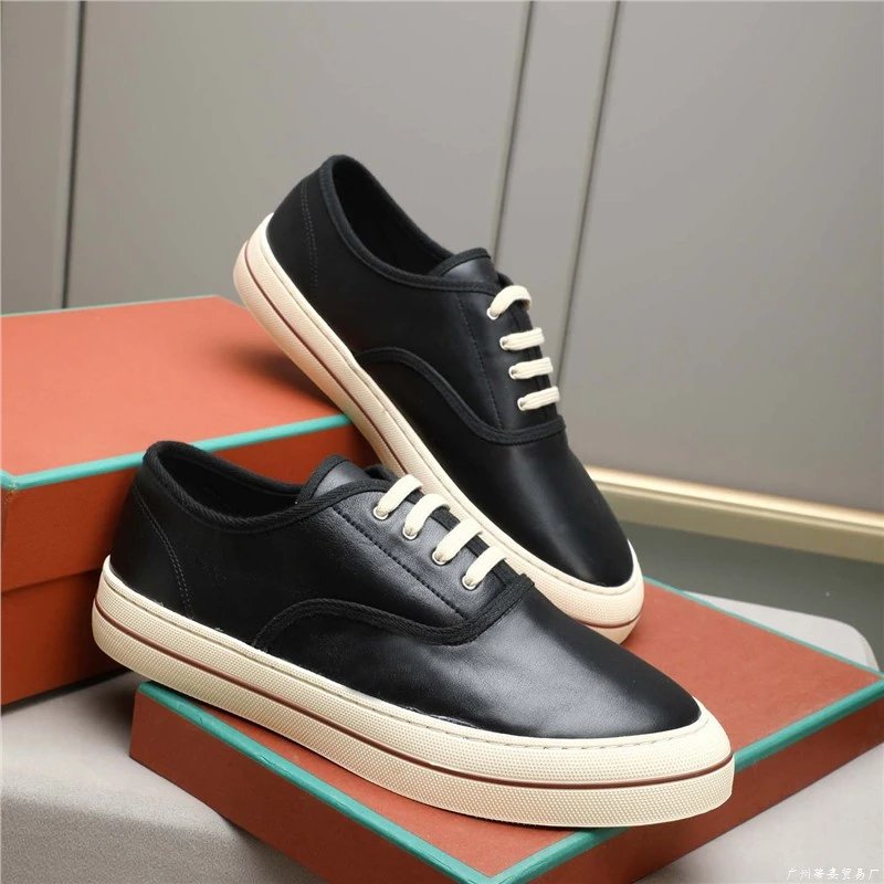 Black Leather Low Top White Lace Casual Sneakers