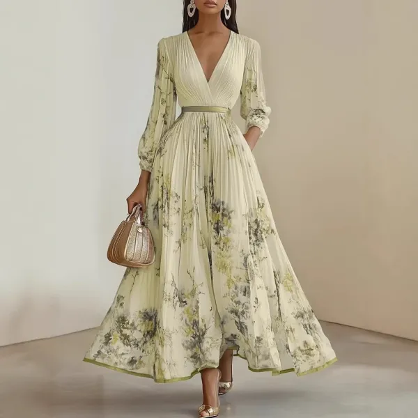 Design Floral Pleated V-Neck Maxi Dress in White with Blue and Beige Accents - 17