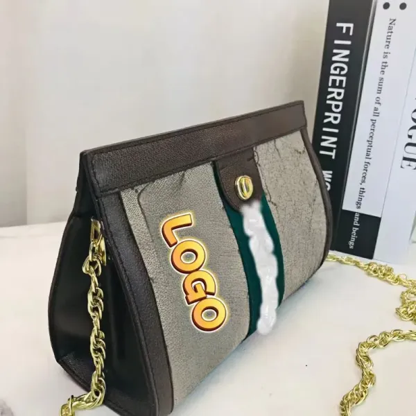 Design Logo Print Chain Crossbody Bag Gray Green Black - 12
