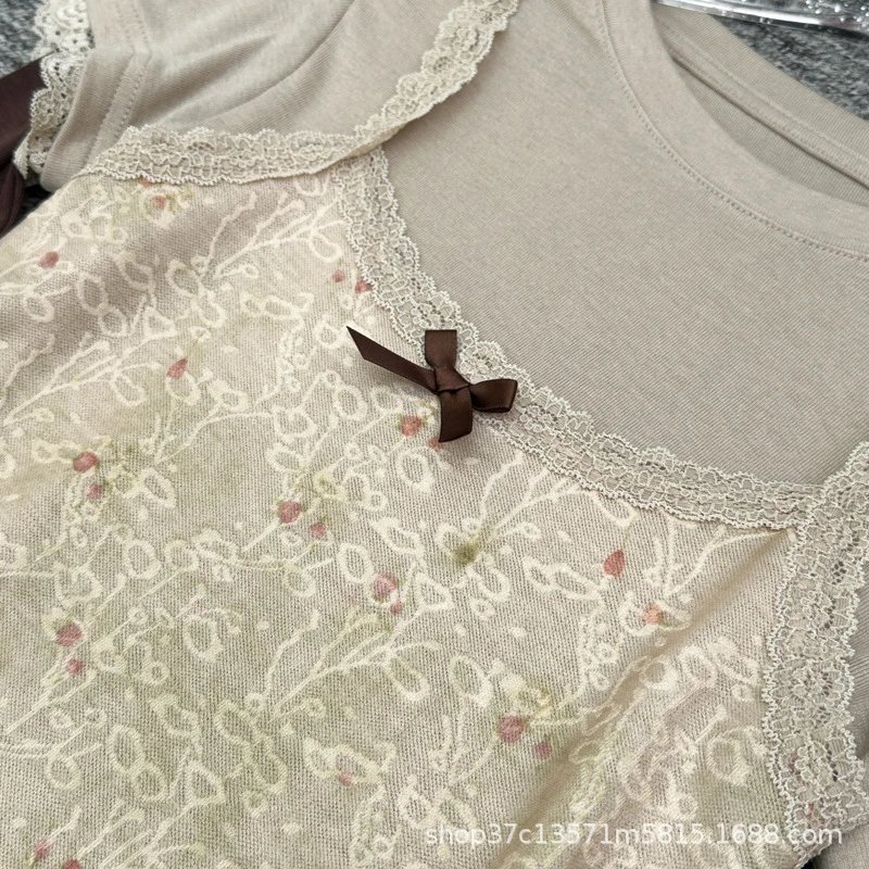 Design Lace-Trimmed Layered Top Beige Brown - 5
