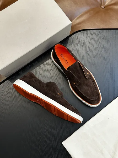 Design Santoni Loafer Slip-On Olive Green Suede with Orange Sole Casual Shoes Loafers - 4