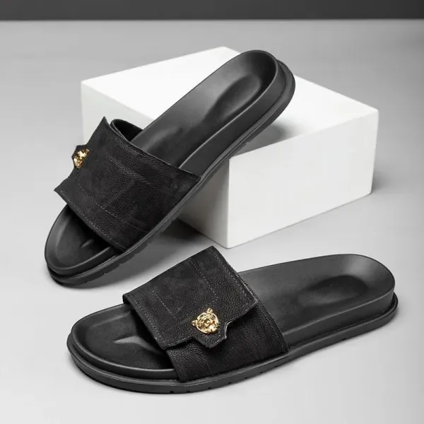 Versace Medusa Slide Black Leather Slippers - 2