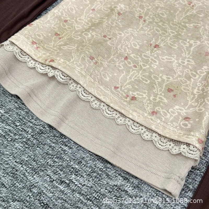 Design Lace-Trimmed Layered Top Beige Brown - 7