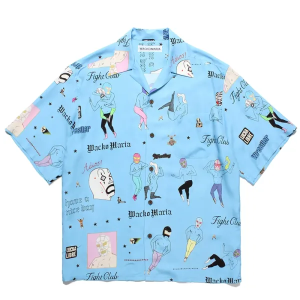 Design Wacko Maria Lucha Libre Fight Club Hawaiian Shirt Blue Shirt - 24