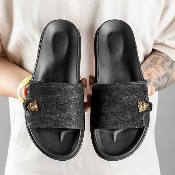 Versace Medusa Slide Black Leather Slippers - 5