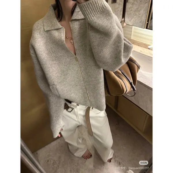 Design Knit Zip-Front Collar Cardigan Gray Outerwear.cardigan - 5
