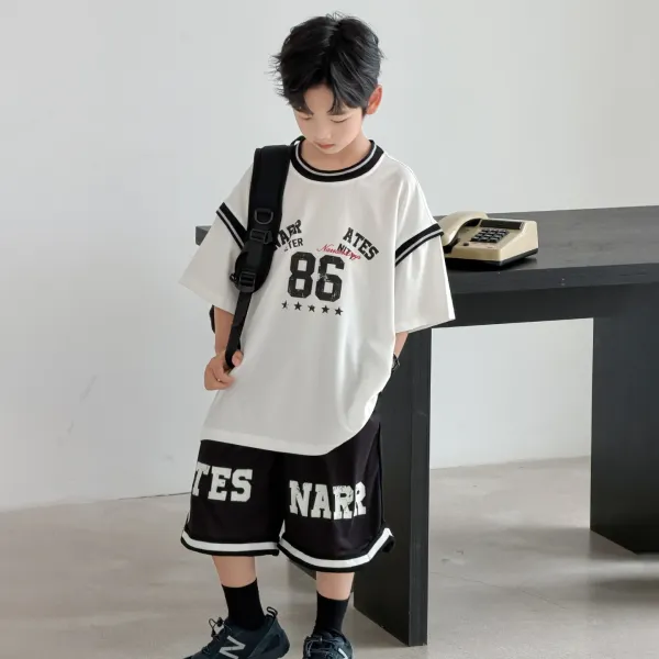 Design Graphic Print Oversized T-Shirt and Basketball Shorts Set White / Black - 1