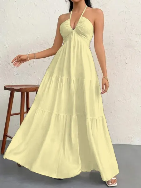 Design Halter Neck Tiered Maxi Dress Pale Yellow - 8