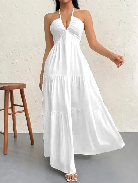 Design Halter Neck Tiered Maxi Dress Pale Yellow - 11