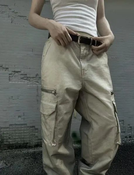 Design Cargo Pants Light Gray Washed Utility Pants - 50