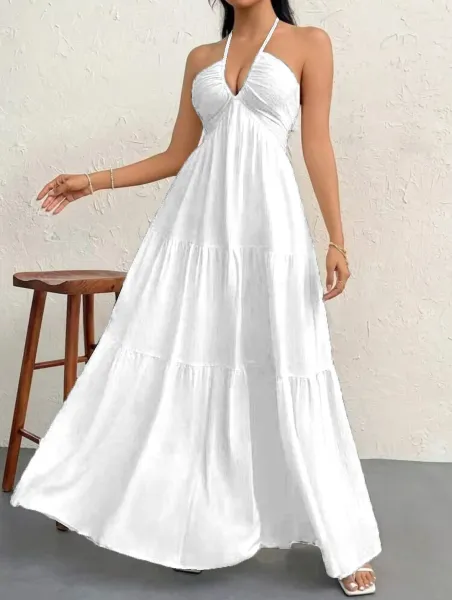 Design Halter Neck Tiered Maxi Dress Pale Yellow - 13