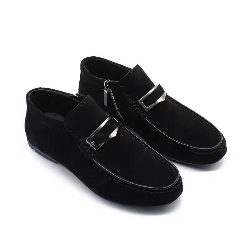 Black Suede Loafer with Metal Buckle and Side Zipper Warm Lined Slip On Shoe