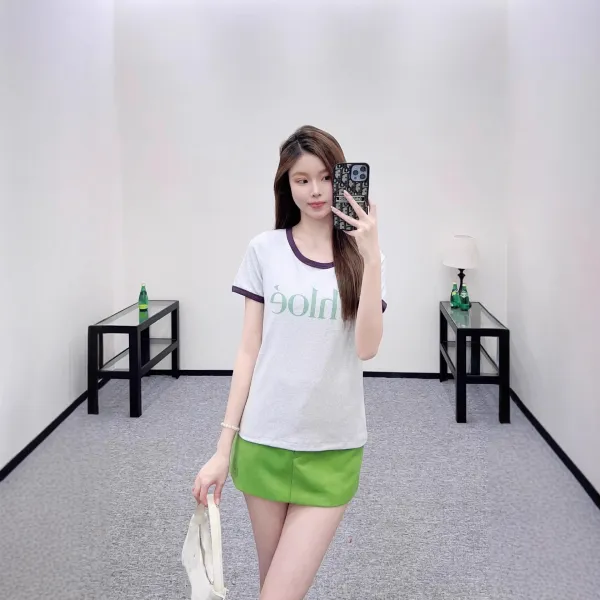 Chloé Logo Ringer T-Shirt Light Gray with Purple Trim - 4