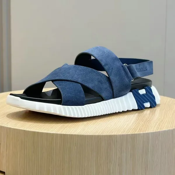 Hermès Oran Sandals Blue Suede with White Rubber Sole Sandals - 1