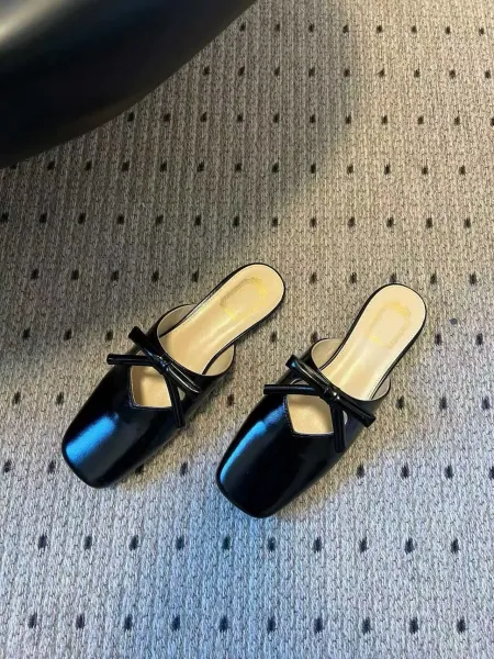 Design Black Bow-Embellished Square-Toe Mules Slippers - 22