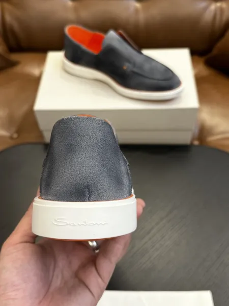 Design Santoni Loafer Slip-On Olive Green Suede with Orange Sole Casual Shoes Loafers - 12