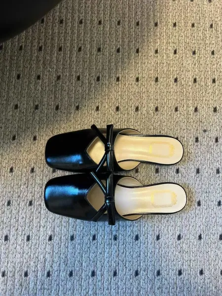 Design Black Bow-Embellished Square-Toe Mules Slippers - 25