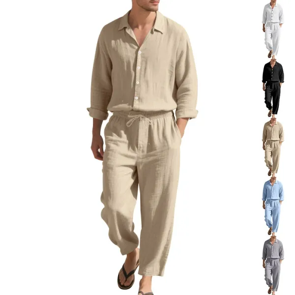 Design Linen Shirt and Drawstring Pants Set White Casual Set - 4