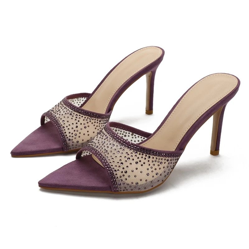 Crystal-Embellished Pointed-Toe Mule Heels White