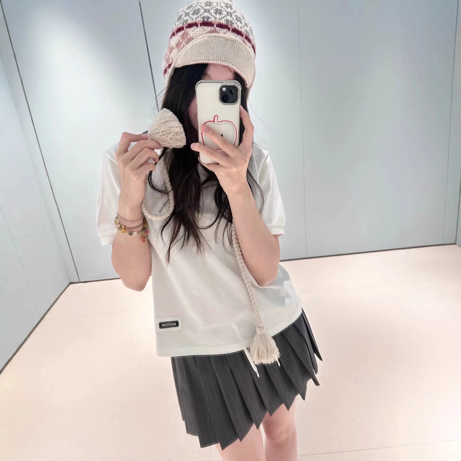 Cream Half-Zip Collar Polo Shirt Brown Pleated Skirt Set