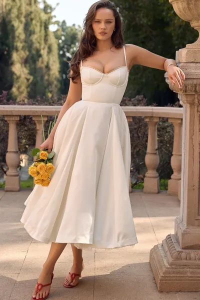 Design Yellow Lace-Trimmed Corset Midi Dress - 8