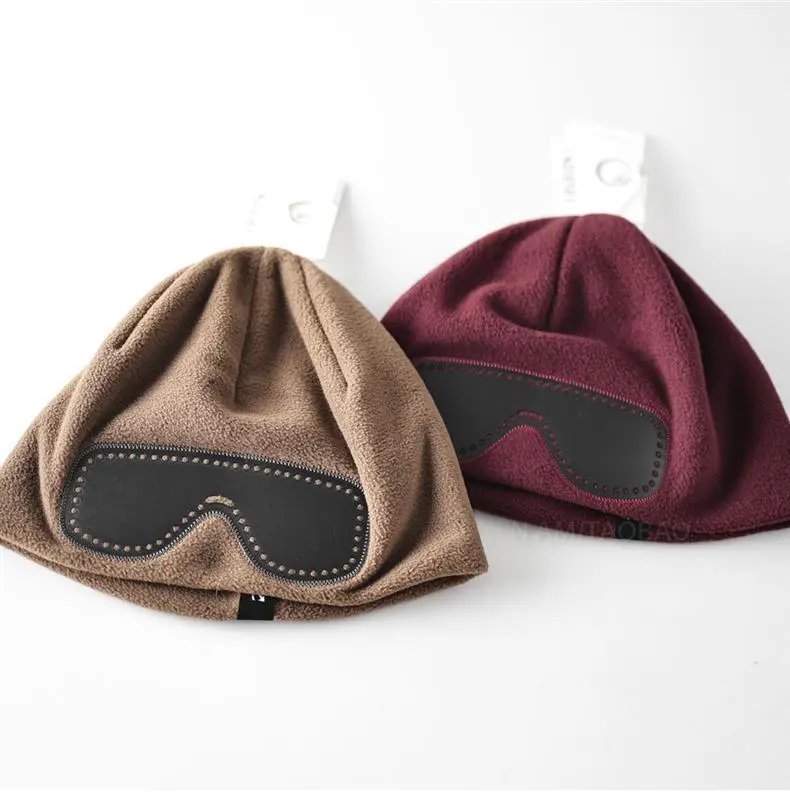 Design Fleece Beanie with Leather Eye Patch Detail Brown - 13