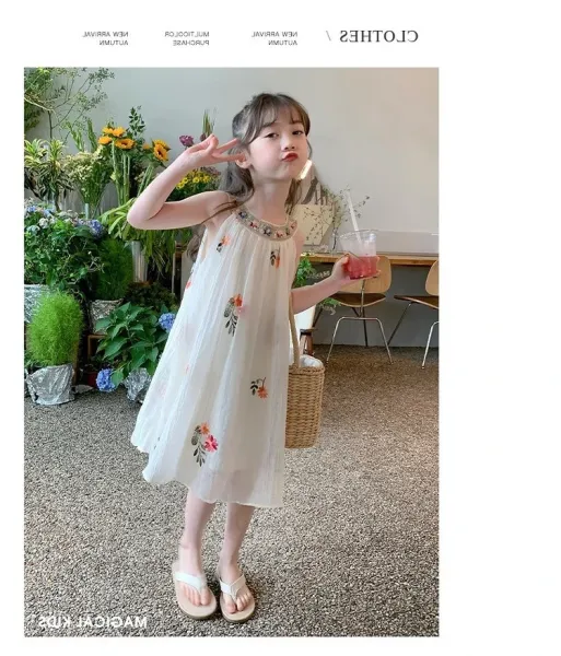 Design Floral Embroidered Linen Dress White Kids - 7