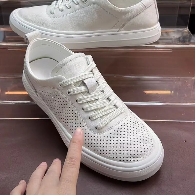 Design Perforated Leather Low-Top White Sneakers - 10