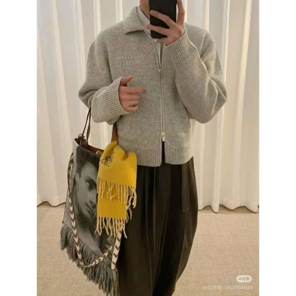 Design Knit Zip-Front Collar Cardigan Gray Outerwear.cardigan - 7