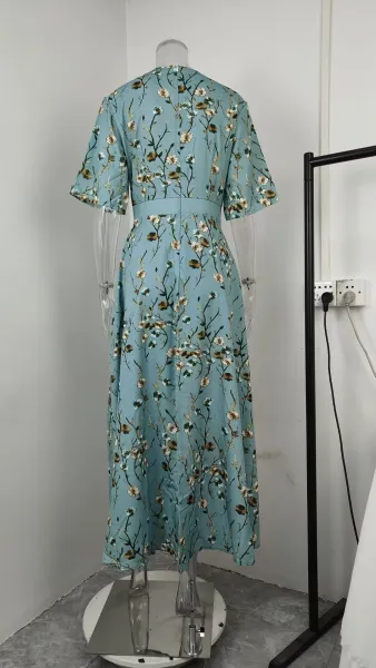 Design Floral Print V-Neck Wrap Maxi Dress in Light Blue and Red - 6
