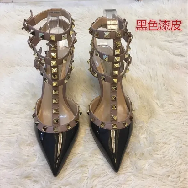 Valentino Rockstud Strappy Sandals Beige and Black Heels - 21