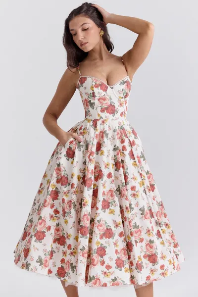 Design Yellow Lace-Trimmed Corset Midi Dress - 17