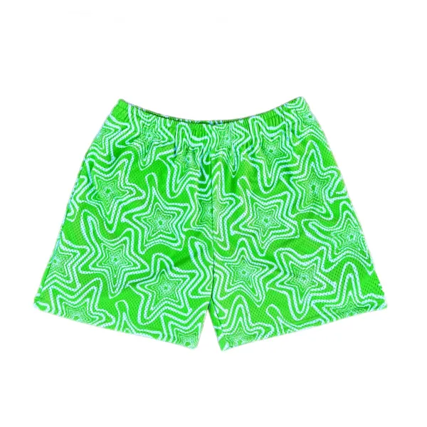 Design Star Pattern Neon Green Mesh Shorts - 7