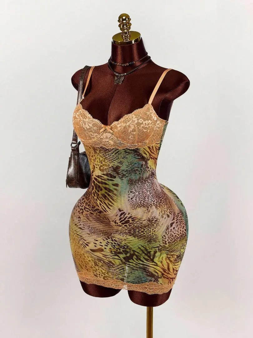 Design Leopard Print Lace Trim Bodysuit Yellow Underwear - 18