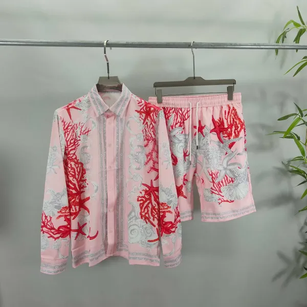 Versace Medusa Coral Print Pink Shirt and Shorts Set - 1