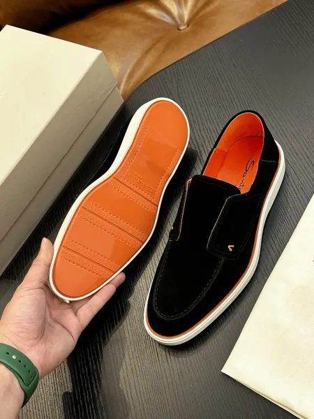 Design Santoni Loafer Slip-On Olive Green Suede with Orange Sole Casual Shoes Loafers - 28