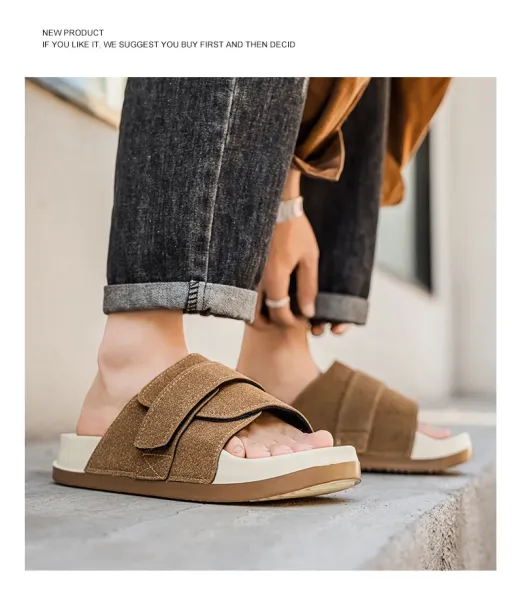 Design Two-Strap Slide Sandals Beige and Black Slippers - 12