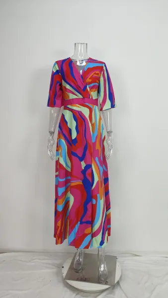 Design Floral Print V-Neck Wrap Maxi Dress in Light Blue and Red - 33