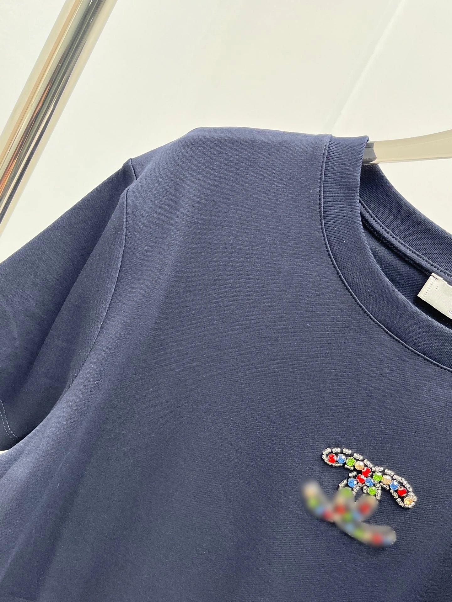 Chanel CC Logo Embellished Navy T-Shirt - 16