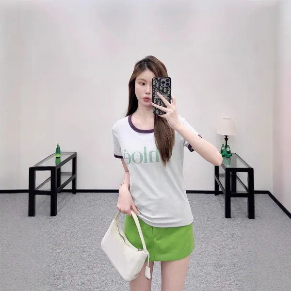 Chloé Logo Ringer T-Shirt Light Gray with Purple Trim - 3