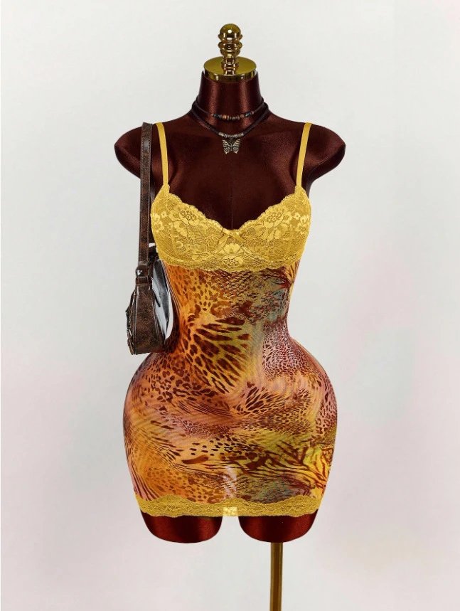 Design Leopard Print Lace Trim Bodysuit Yellow Underwear - 42