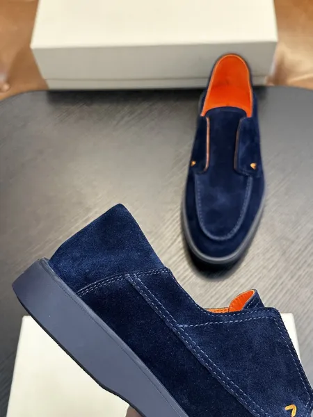 Design Santoni Loafer Slip-On Olive Green Suede with Orange Sole Casual Shoes Loafers - 36