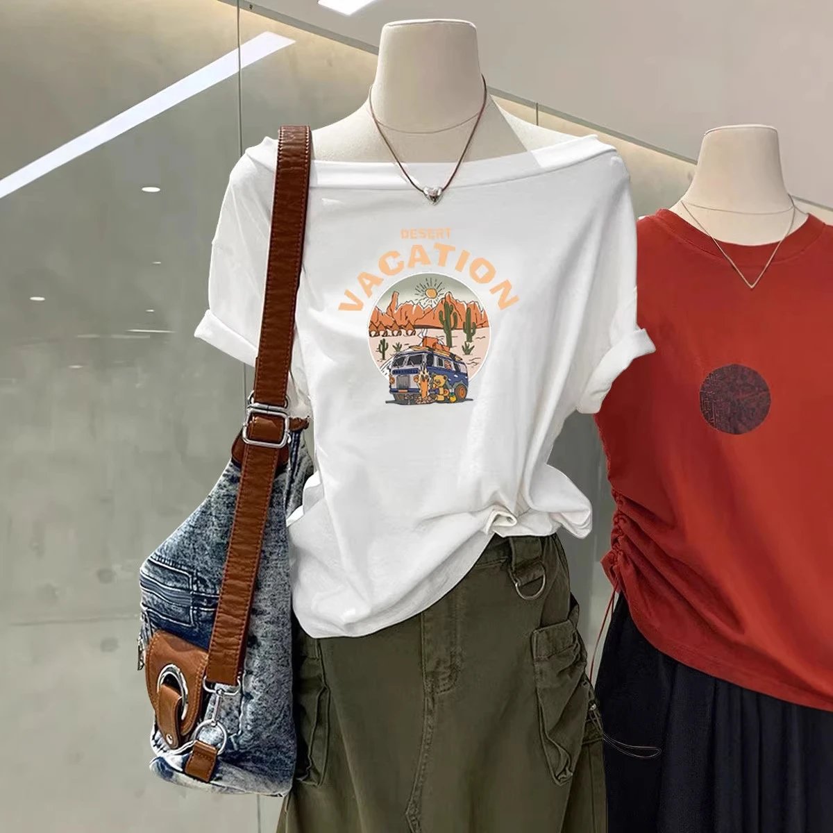 Off Shoulder Graphic Tee Black Desert Vacation Print Casual Top