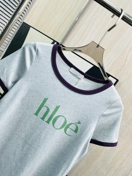 Chloé Logo Ringer T-Shirt Light Gray with Purple Trim - 7