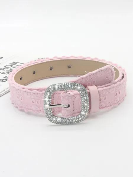 Design Lace-Trimmed Rhinestone Buckle Belt Pink Accessories - 4