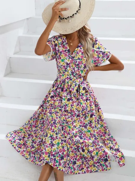 Design Floral Wrap Midi Dress Black White - 30