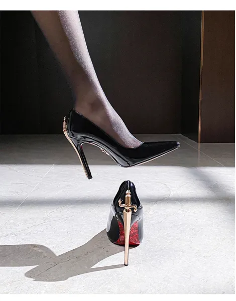 Design Stiletto Heels with Gold Sword Accent Black Heels - 16
